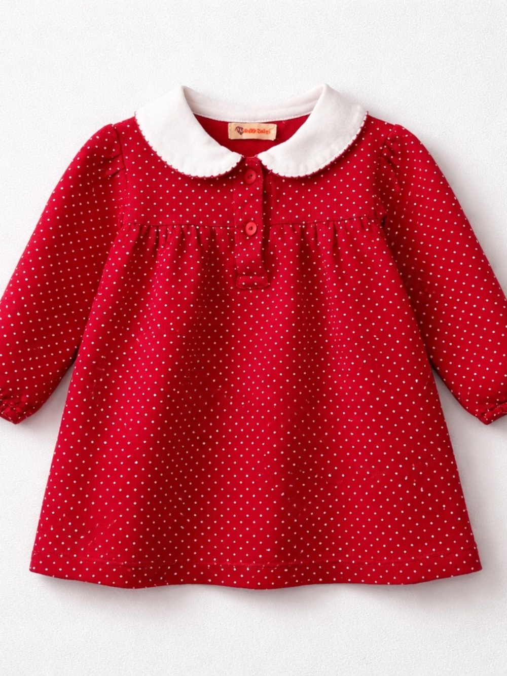 Baby Luigi Red with Swiss dot cotton jersey knit long sleeve  dress 18 months